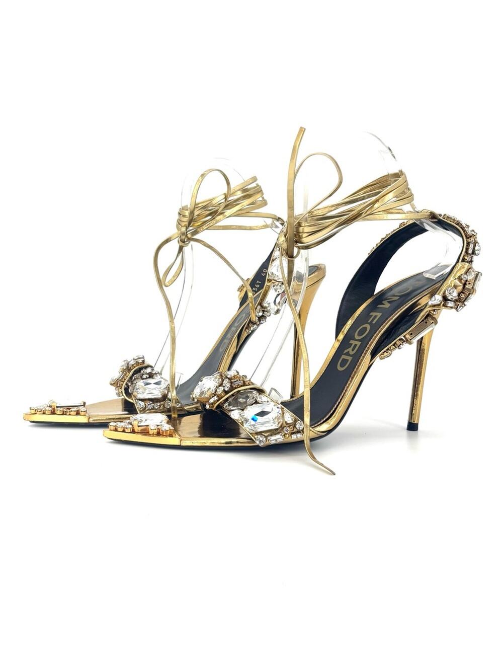 Tom Ford Mirror 100 Metallic Crystal Embellished Ankle Wrap High Heel Sandals 40